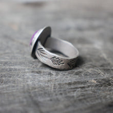 Load image into Gallery viewer, Triangular Amethyst Set on Lavendar Stamped Silver Band Ring