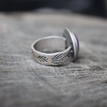 Load image into Gallery viewer, Triangular Amethyst Set on Lavendar Stamped Silver Band Ring
