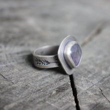 Load image into Gallery viewer, Triangular Amethyst Set on Lavendar Stamped Silver Band Ring