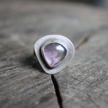 Load image into Gallery viewer, Triangular Amethyst Set on Lavendar Stamped Silver Band Ring