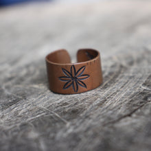Load image into Gallery viewer, Bloodroot stamped on open band copper ring