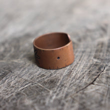 Load image into Gallery viewer, Bloodroot stamped on open band copper ring