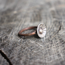 Load image into Gallery viewer, Silver set in copper bezel set in domed silver disc with copper band