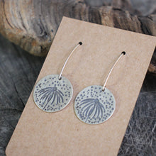 Load image into Gallery viewer, Coneflowers Stamped on Silver Disc Dangle Earrings