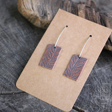 Load image into Gallery viewer, Leaves Stamped on Copper Rectangular Earrings