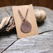 Load image into Gallery viewer, Branch with feathers on copper disc necklace