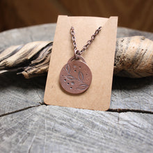 Load image into Gallery viewer, Branch with feathers on copper disc necklace