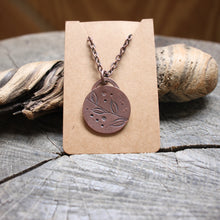 Load image into Gallery viewer, Branch with feathers on copper disc necklace
