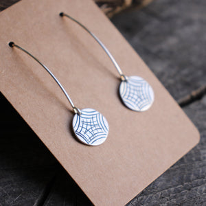 Spider Web Stamped on Silver Disc Dangle Earrings