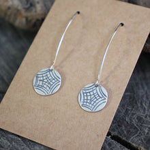 Load image into Gallery viewer, Spider Web Stamped on Silver Disc Dangle Earrings