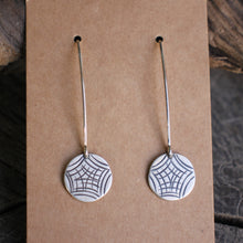 Load image into Gallery viewer, Spider Web Stamped on Silver Disc Dangle Earrings