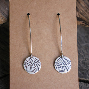 Spider Web Stamped on Silver Disc Dangle Earrings