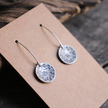 Load image into Gallery viewer, Domed disc dangle Earrings with Dandelion Stamped