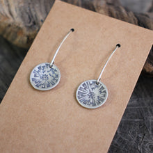 Load image into Gallery viewer, Domed disc dangle Earrings with Dandelion Stamped