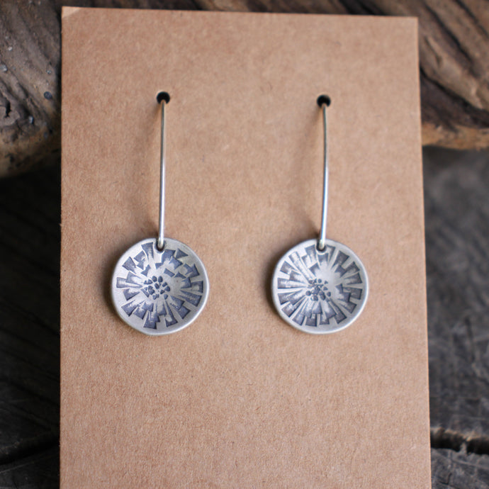Domed disc dangle Earrings with Dandelion Stamped