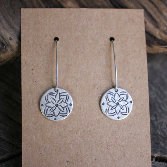 Four Petal Flower Mandala on Disc Dangle Earrings