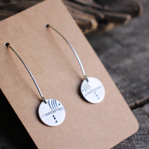Abstract Lines and Dots Stamped on Disc Dangle Earrings