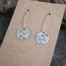 Load image into Gallery viewer, Branch with leaves stamped on silver disc Dangle earrings