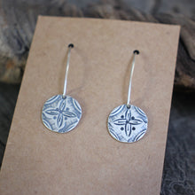 Load image into Gallery viewer, Sand Dollar Design Stamped on Silver Disc Dangle Earrings