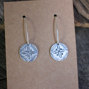 Sand Dollar Design Stamped on Silver Disc Dangle Earrings