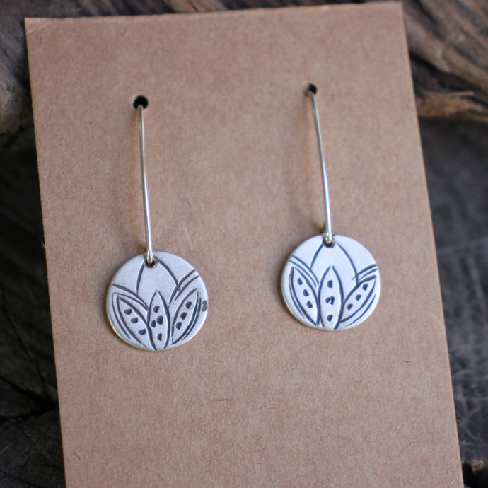 Lotus Emerging Stamped on Silver Disc Dangle Earrings