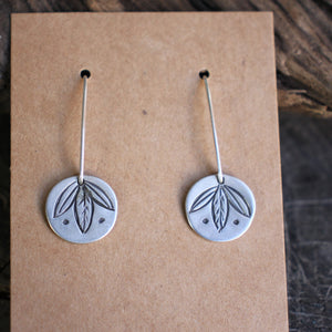 Three Leaves Stamped on Silver Disc Dangle Earrings