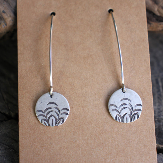 Three Leaves Sprouting from ground on silver disc earrings