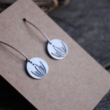 Load image into Gallery viewer, Daffodil Greens Stamped on Silver Disc Dangle Earrings
