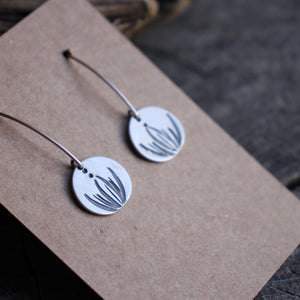 Daffodil Greens Stamped on Silver Disc Dangle Earrings