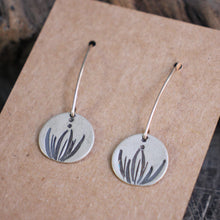 Load image into Gallery viewer, Daffodil Greens Stamped on Silver Disc Dangle Earrings