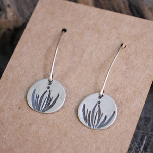 Daffodil Greens Stamped on Silver Disc Dangle Earrings