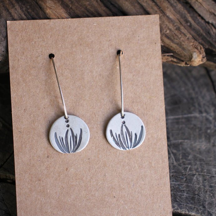 Daffodil Greens Stamped on Silver Disc Dangle Earrings