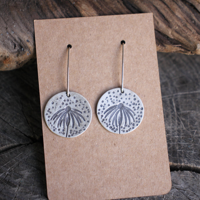 Coneflowers Stamped on Silver Disc Dangle Earrings