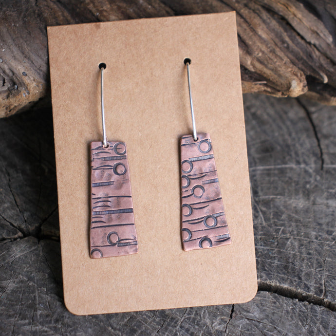 Circles and Lines Stamped on Rectangular Copper Earrings with Silver Ear Wires