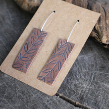 Load image into Gallery viewer, Vine with Leaves Stamped on Rectangular Copper Earrings 