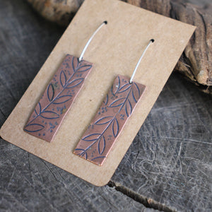 Vine with Leaves Stamped on Rectangular Copper Earrings 
