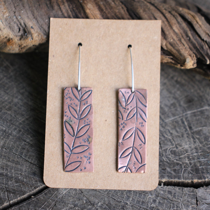 Vine with Leaves Stamped on Rectangular Copper Earrings 