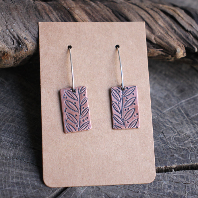 Leaves Stamped on Copper Rectangular Earrings