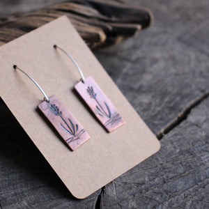 Lavender Flower Stamped on Copper Rectangle Earrings