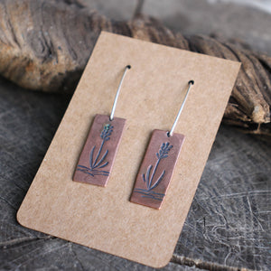 Lavender Flower Stamped on Copper Rectangle Earrings