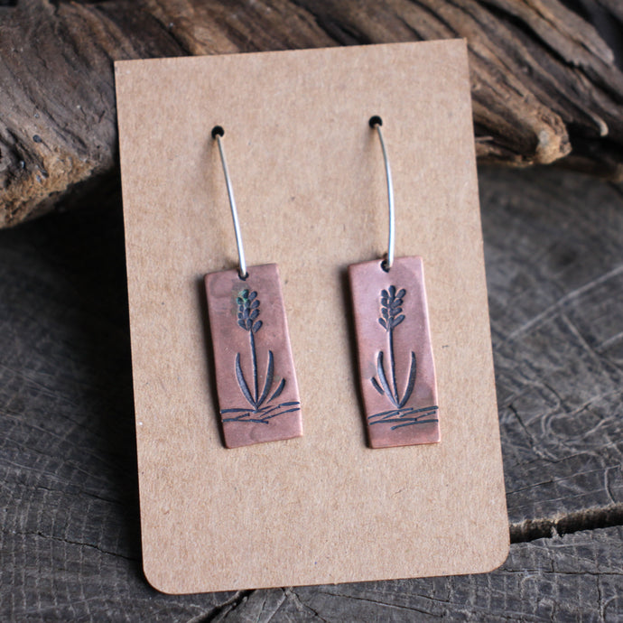 Lavender Flower Stamped on Copper Rectangle Earrings