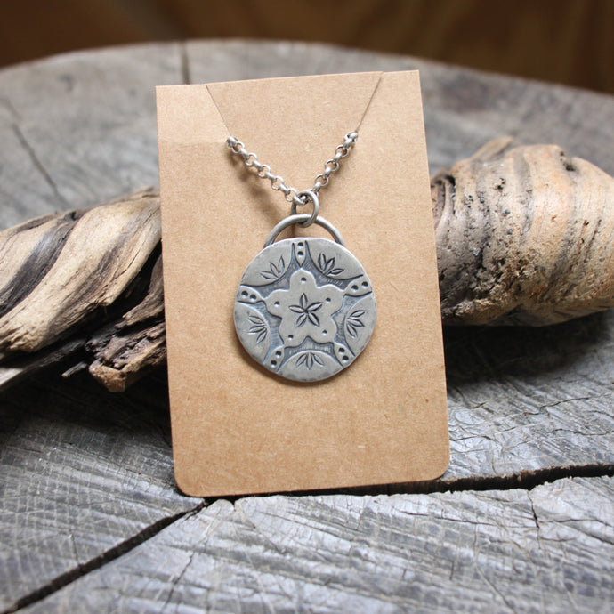 Chickweed Flower in Center of Hibiscus Mandala Disc Necklace